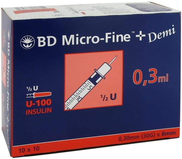 BD Micro-FineTM+ U 100 Insulin Shots 0.3 x 8 mm (Pack of 100)
